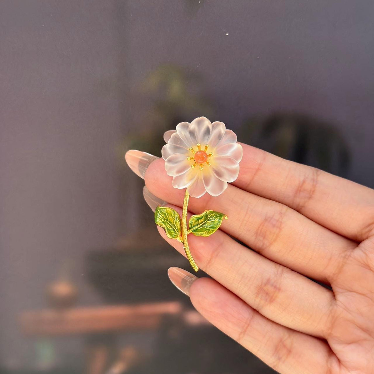Morado White Quartz Daisy Magnet Brooch, Gold-Plated Copper Flower Pin