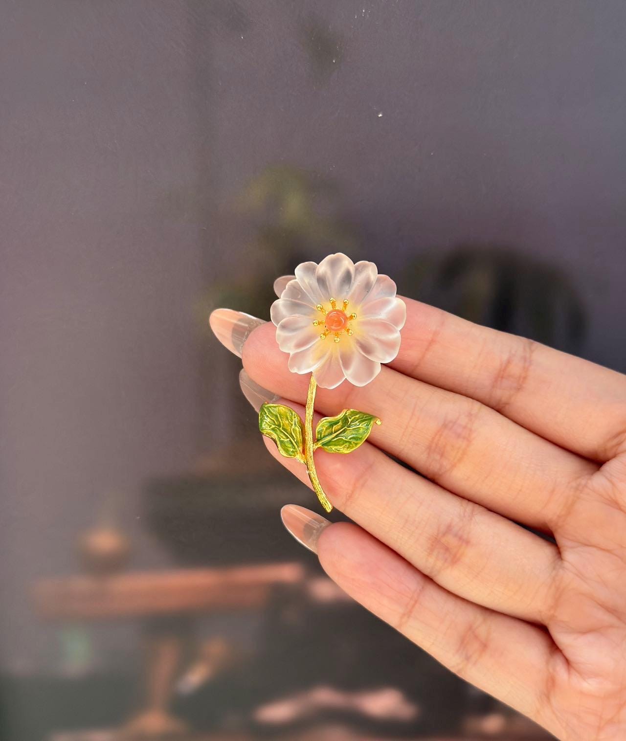 Morado White Quartz Daisy Magnet Brooch, Gold-Plated Copper Flower Pin