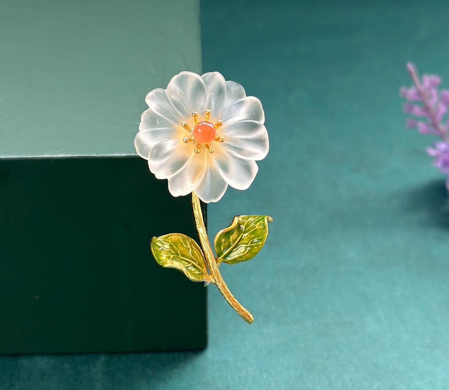 Morado White Quartz Daisy Magnet Brooch, Gold-Plated Copper Flower Pin