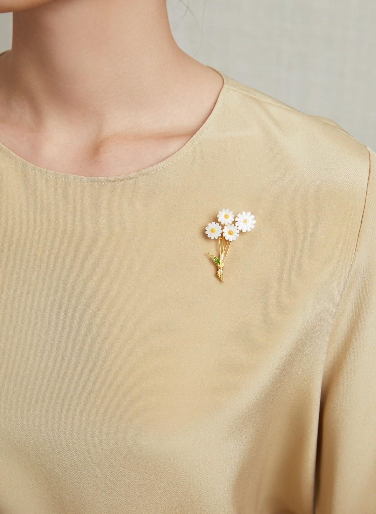 Morado Handcrafted Daisy Brooch in Mother of Pearl, Gold Plated Copper Flower Multi-Wear Pin