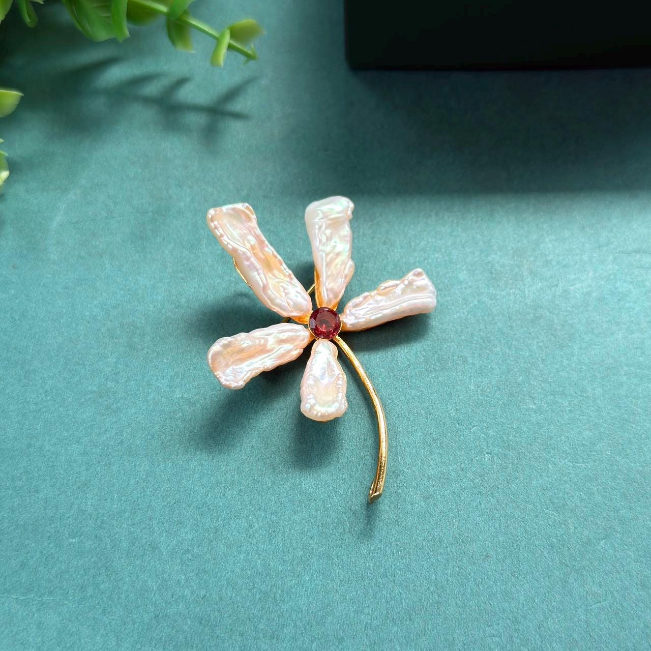 Morado Baroque Garnet Floral Brooch | Handmade Raw Gemstone & Copper Pin, Gold Plated Statement Flower