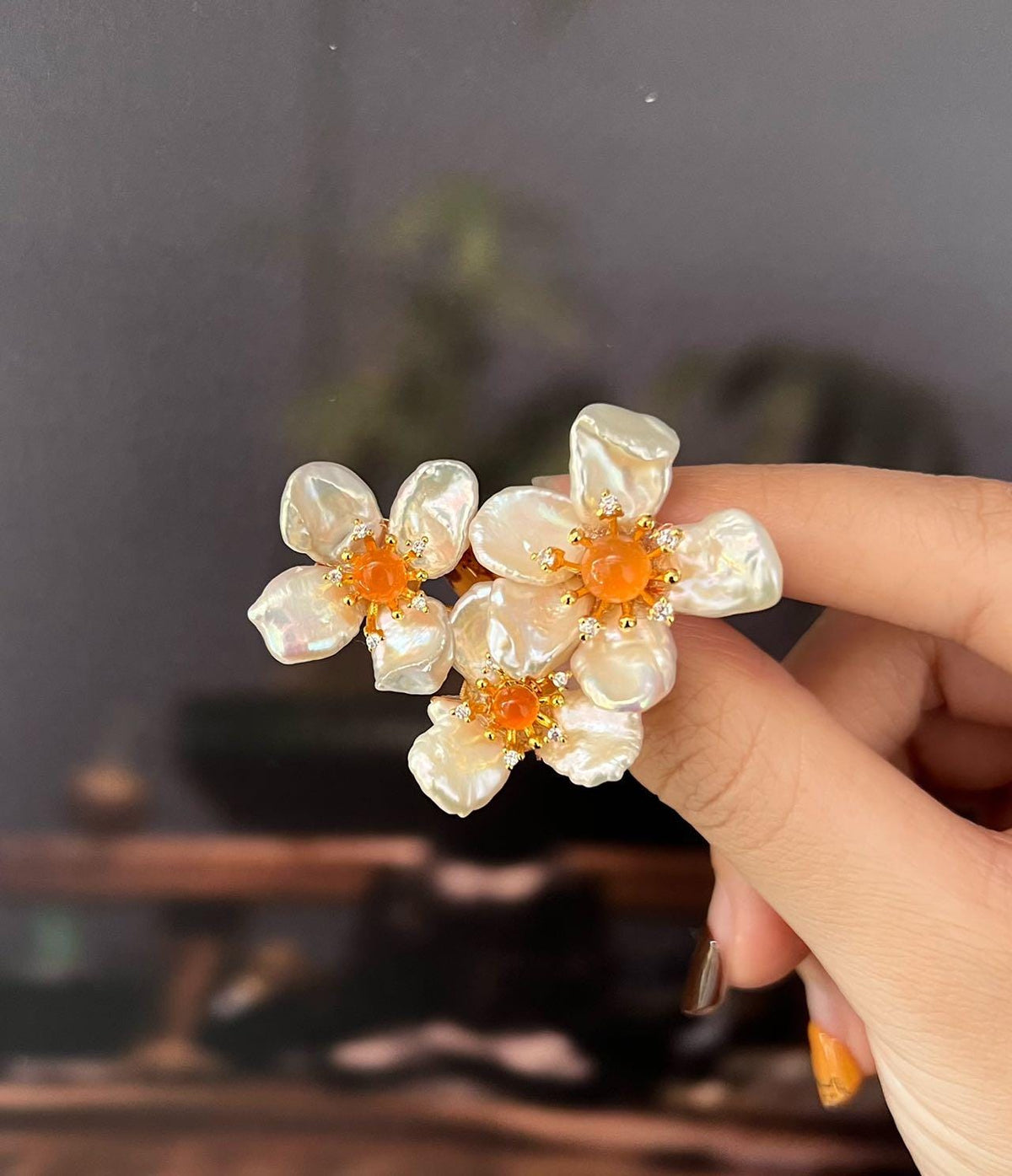 Morado Gold-Plated Baroque Pearl Floral Copper Brooch, Handmade Unique Pearl Flower Pin
