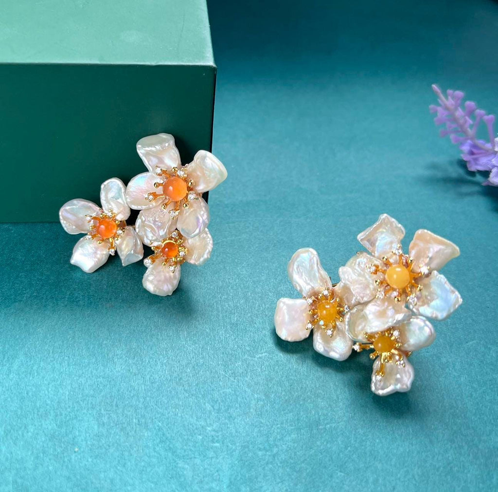 Morado Gold-Plated Baroque Pearl Floral Copper Brooch, Handmade Unique Pearl Flower Pin