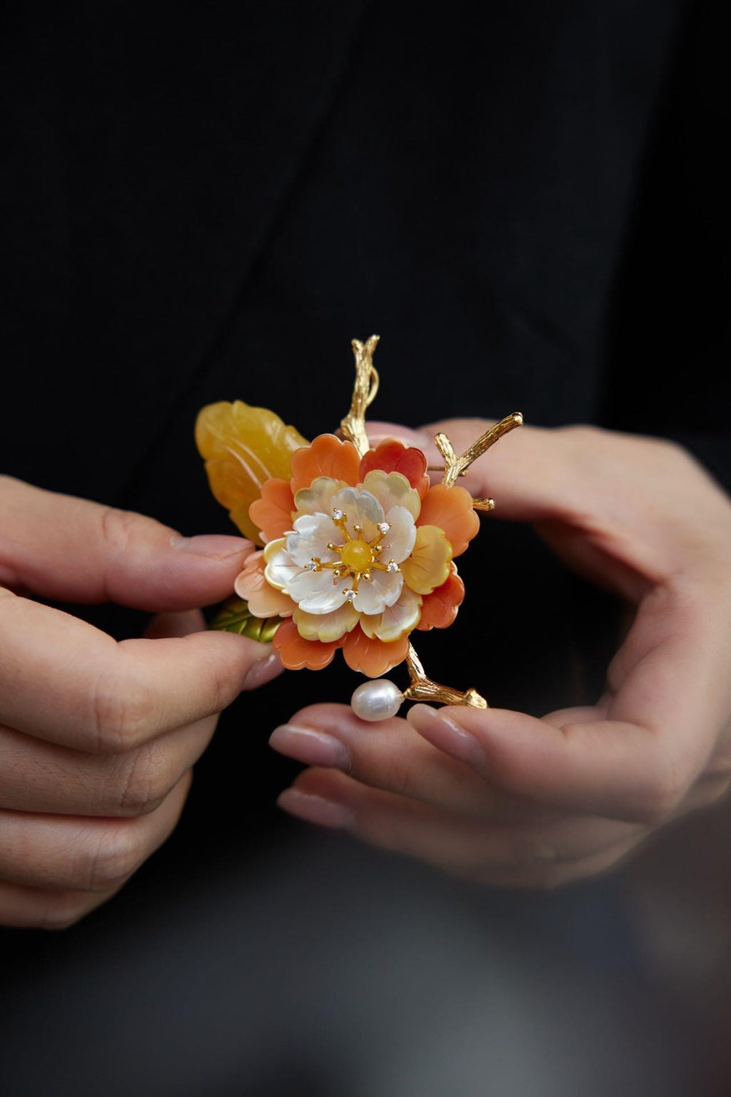 Morado Handmade Amber Shell Flower Brooch, Gold Plated Floral Pin, Multi-Wear Pin