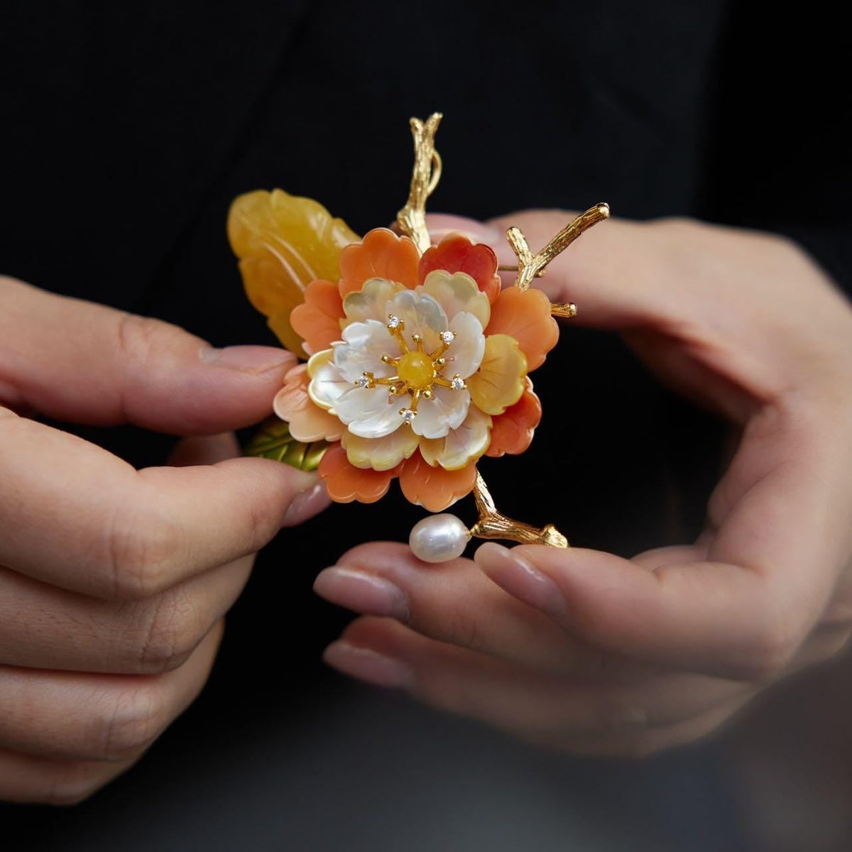 Morado Handmade Amber Shell Flower Brooch, Gold Plated Floral Pin, Multi-Wear Pin