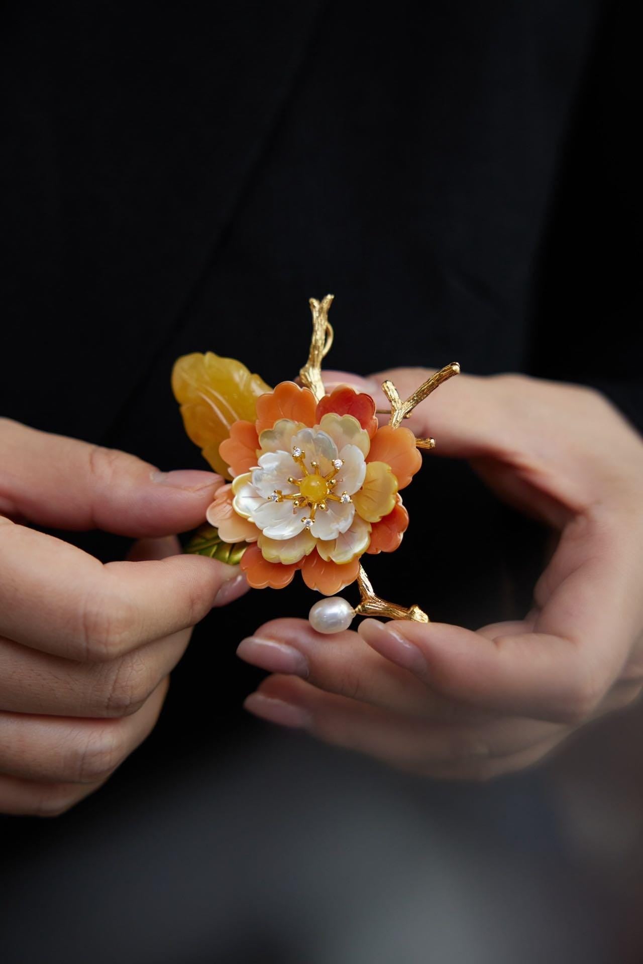 Morado Handmade Amber Shell Flower Brooch, Gold Plated Floral Pin, Multi-Wear Pin