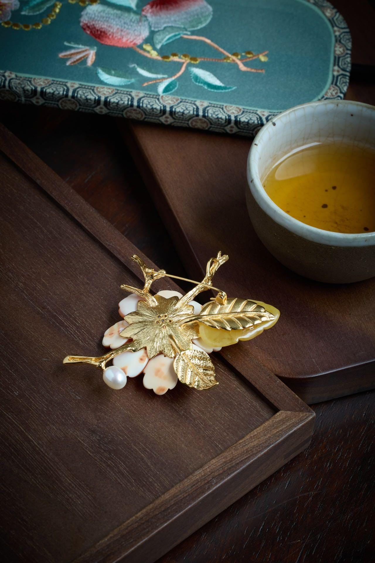Morado Handmade Amber Shell Flower Brooch, Gold Plated Floral Pin, Multi-Wear Pin
