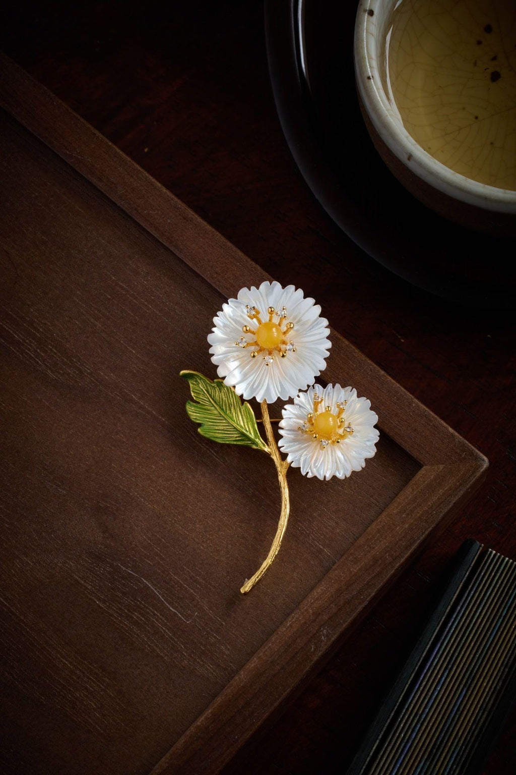 Morado Gold-Plated Sunflower Brooch, Handmade with Mother-of-Pearl & Amber Botanical Pin