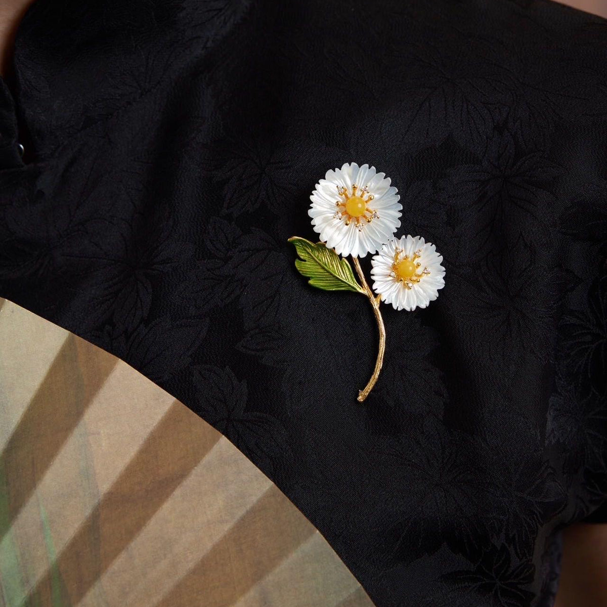Morado Gold-Plated Sunflower Brooch, Handmade with Mother-of-Pearl & Amber Botanical Pin