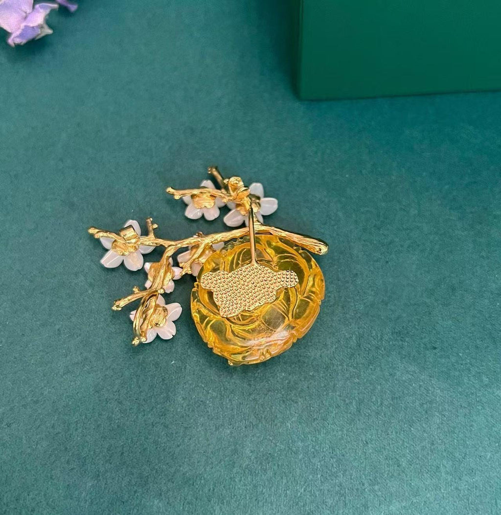 Morado Amber Rose Brooch with Mother of Pearl Blossoms, Handmade 925 Silver Jewelry
