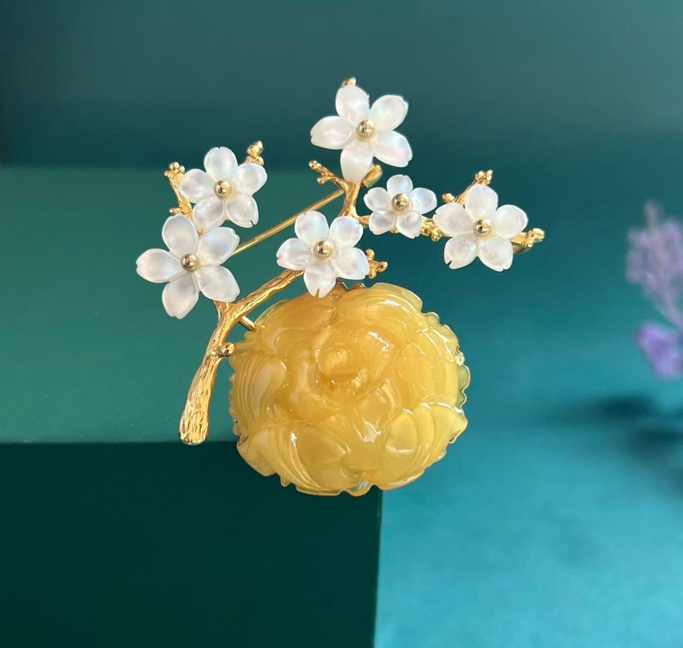 Morado Amber Rose Brooch with Mother of Pearl Blossoms, Handmade 925 Silver Jewelry
