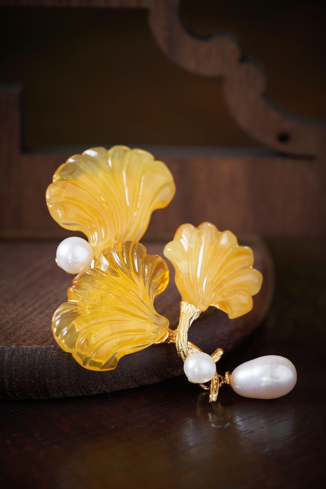 Morado Amber Ginkgo Leaf Gold Plated Silver Brooch, Multi-Wear Pin