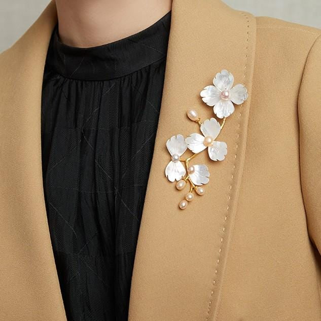 Morado Mother of Pearl Gold-Plated Copper Brooch, Handmade Snowflake Floral Design, Multi-Wear Pin