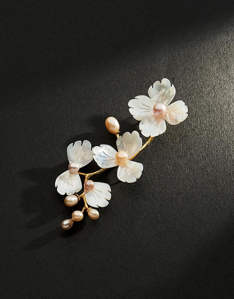 Morado Mother of Pearl Gold-Plated Copper Brooch, Handmade Snowflake Floral Design, Multi-Wear Pin