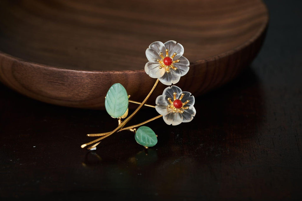 Morado Twin Flower Clear Quartz Brooch, Gold Vermeil Sterling Silver Pin, Handmade Crystal Jewelry