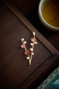 Morado Rose Quartz Heart Brooch, Pearl Blossom Jewelry, Copper-Gold Vines, Multi-wear design