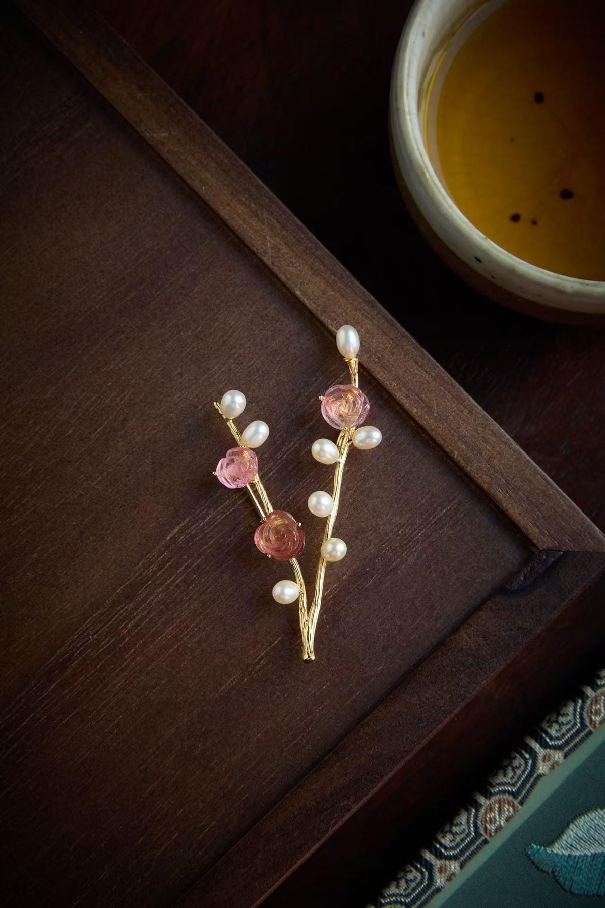 Morado Rose Quartz Heart Brooch, Pearl Blossom Jewelry, Copper-Gold Vines, Multi-wear design