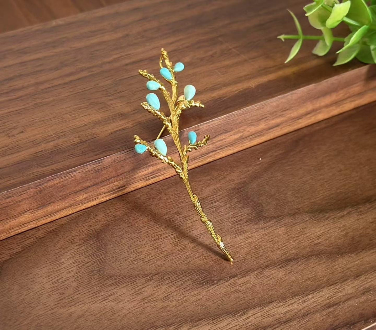 Morado Handmade Gold Plated Turquoise Flower Brooch, Nature Lapel Pin, Multi-wear design