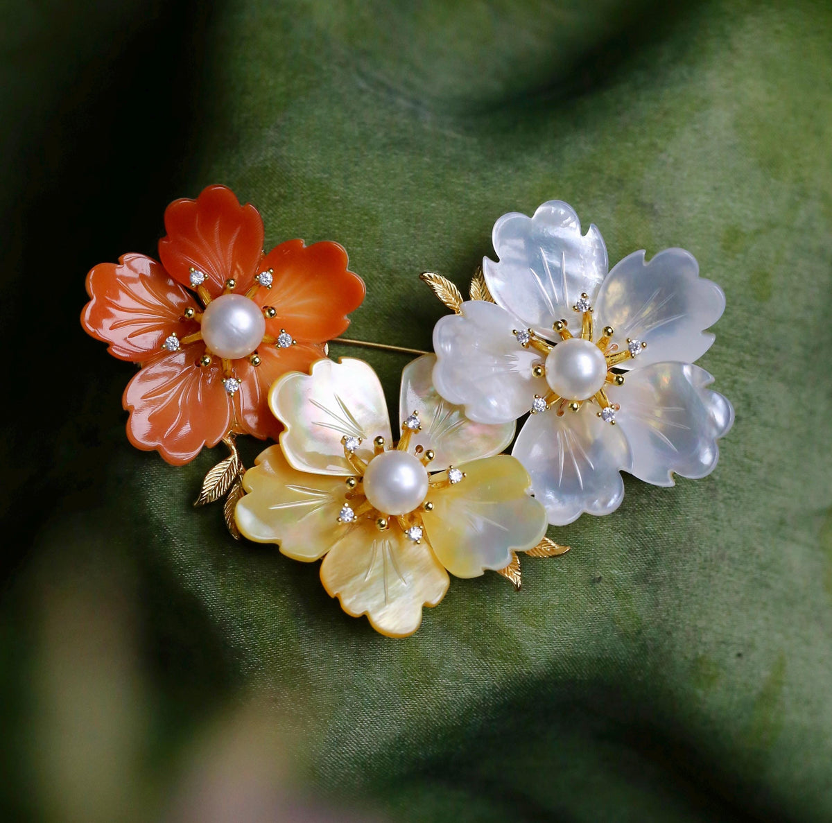 Morado Tricolor Shell Plum Blossom Brooch, Gold Plated Copper Floral Pearl Pin