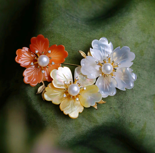 Morado Tricolor Shell Plum Blossom Brooch, Gold Plated Copper Floral Pearl Pin