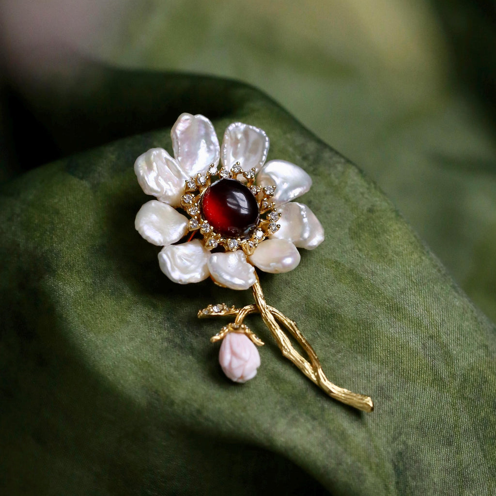 Morado Garnet Mother of Pearl Flower Brooch, Gold Plated Silver, Multi-Wear Pin