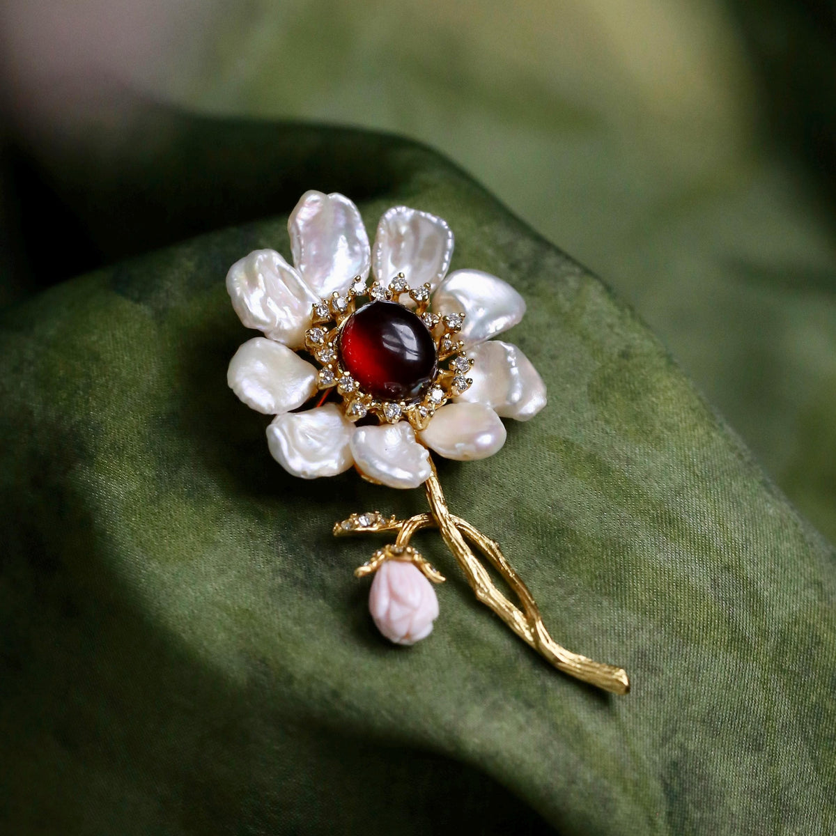 Morado Garnet Mother of Pearl Flower Brooch, Gold Plated Silver, Multi-Wear Pin
