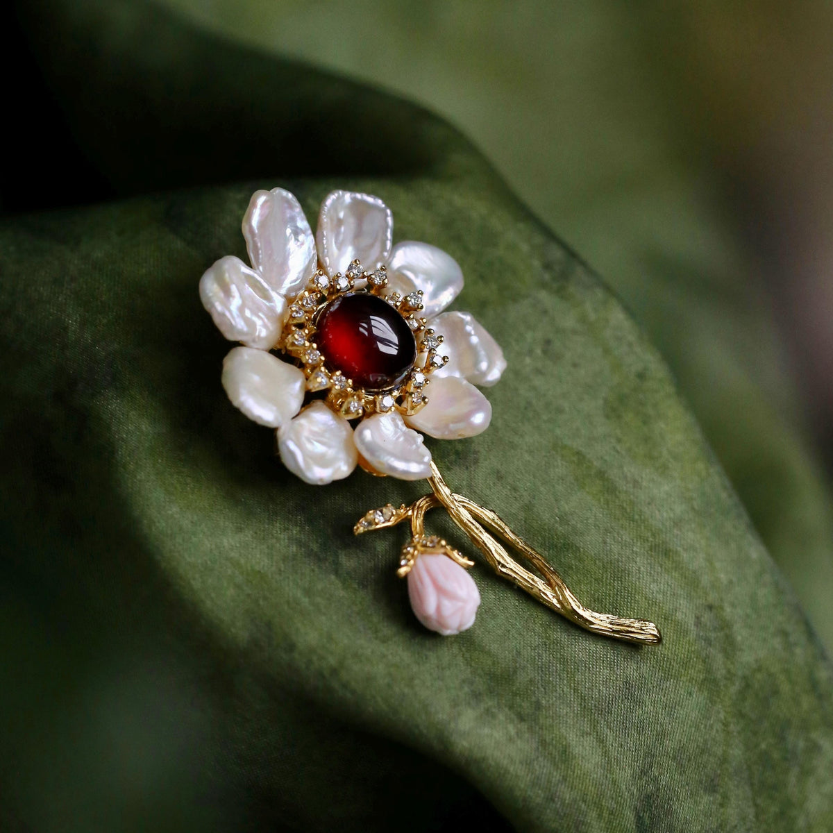 Morado Garnet Mother of Pearl Flower Brooch, Gold Plated Silver, Multi-Wear Pin