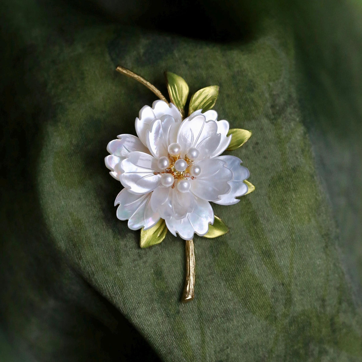 Morado Mother of Pearl Flower Brooch, Gold Plated Copper Peony Pin, Multi-Wear Pin
