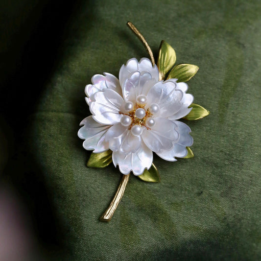 Morado Mother of Pearl Flower Brooch, Gold Plated Copper Peony Pin, Multi-Wear Pin