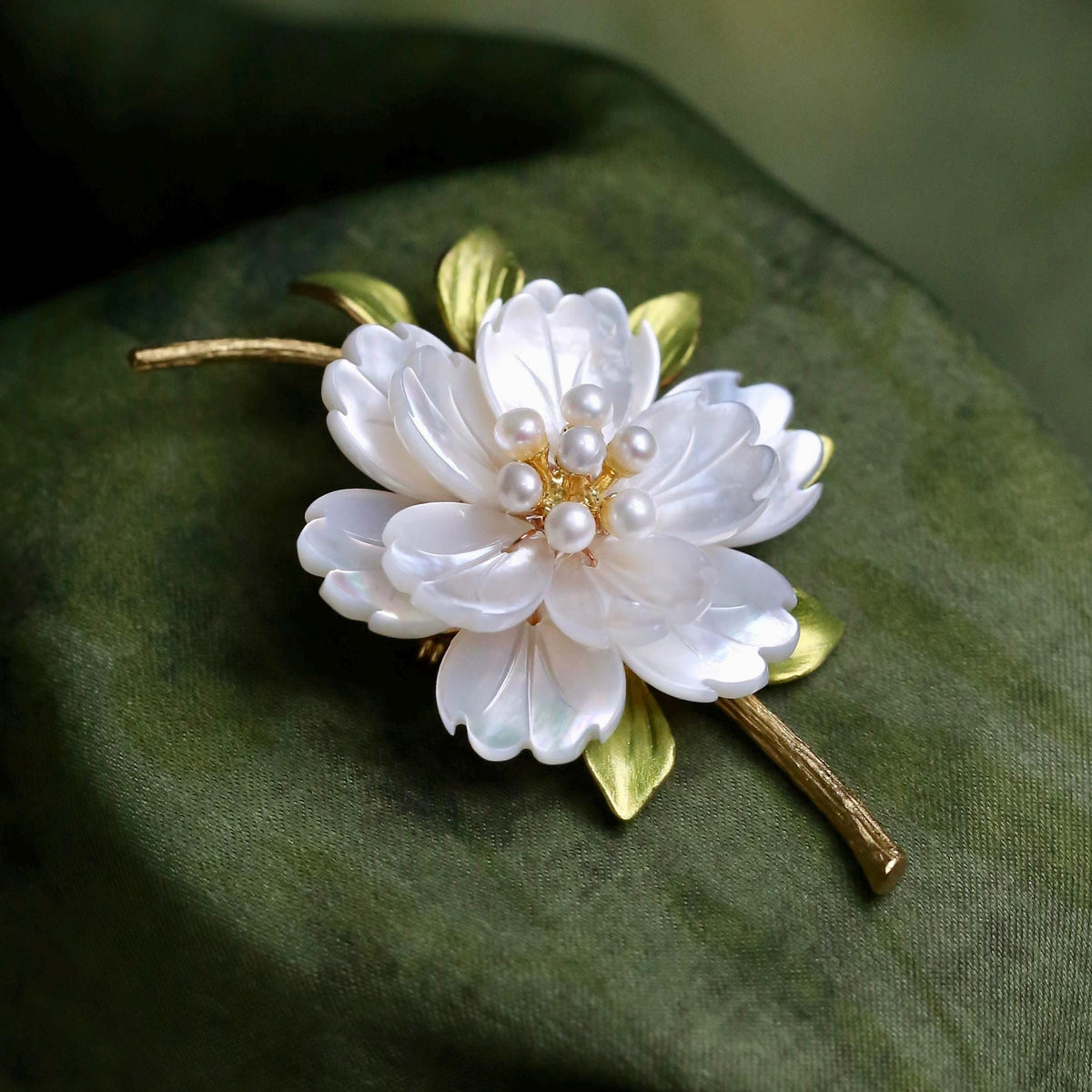 Morado Mother of Pearl Flower Brooch, Gold Plated Copper Peony Pin, Multi-Wear Pin