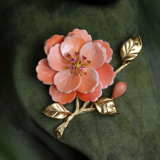 Morado Handmade Camellia Brooch, Gold-Plated Copper, Carved Conch Shell Flower, Multi-wear design