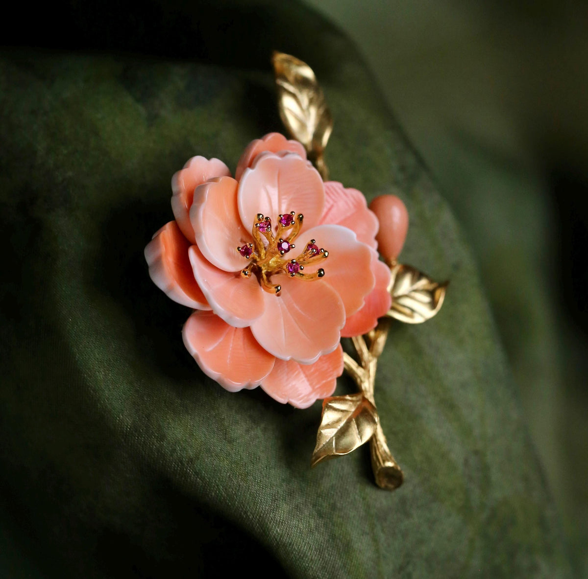 Morado Handmade Camellia Brooch, Gold-Plated Copper, Carved Conch Shell Flower, Multi-wear design