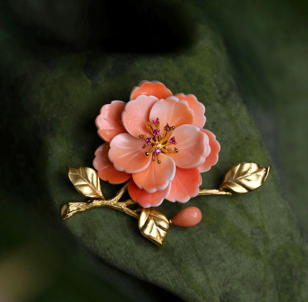 Morado Handmade Camellia Brooch, Gold-Plated Copper, Carved Conch Shell Flower, Multi-wear design