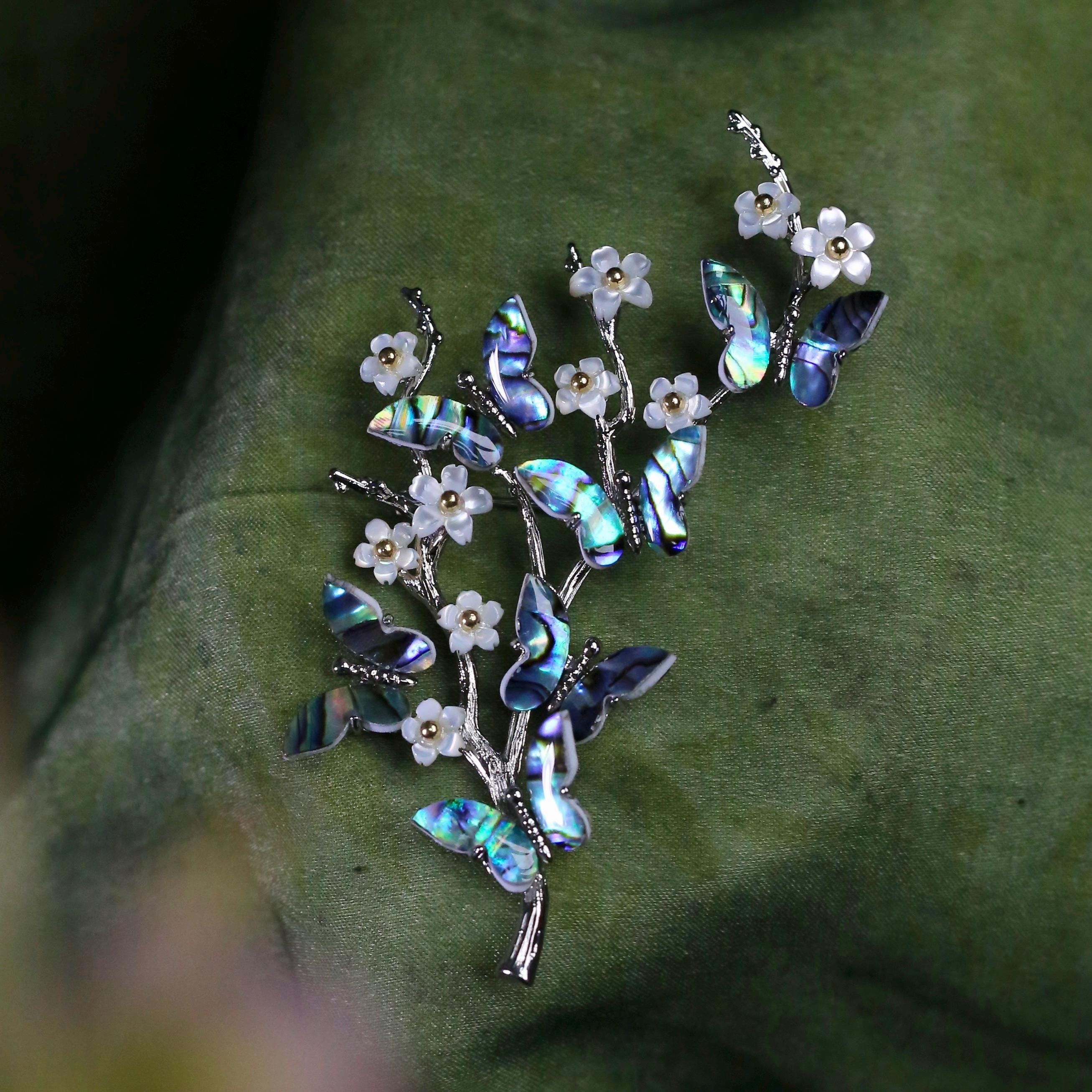 Morado Abalone Butterfly Brooch, Platinum Gold Plated Copper with Mother of Pearl Flower Pin