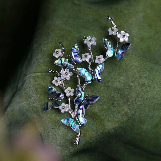 Morado Abalone Butterfly Brooch, Platinum Gold Plated Copper with Mother of Pearl Flower Pin