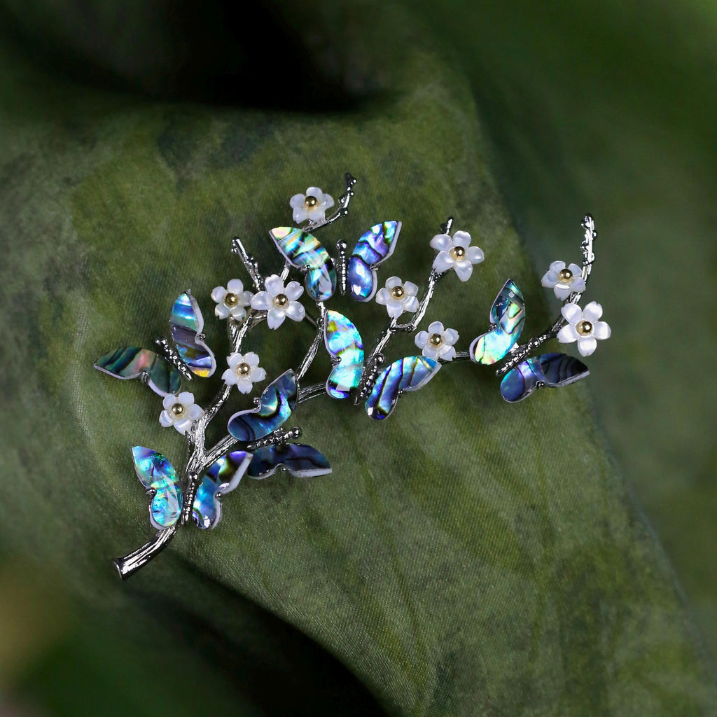 Morado Abalone Butterfly Brooch, Platinum Gold Plated Copper with Mother of Pearl Flower Pin