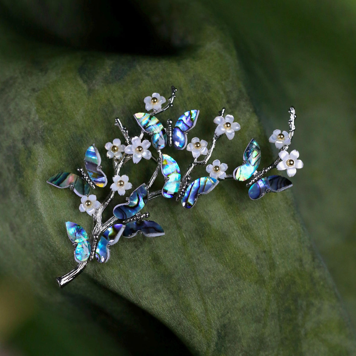 Morado Abalone Butterfly Brooch, Platinum Gold Plated Copper with Mother of Pearl Flower Pin