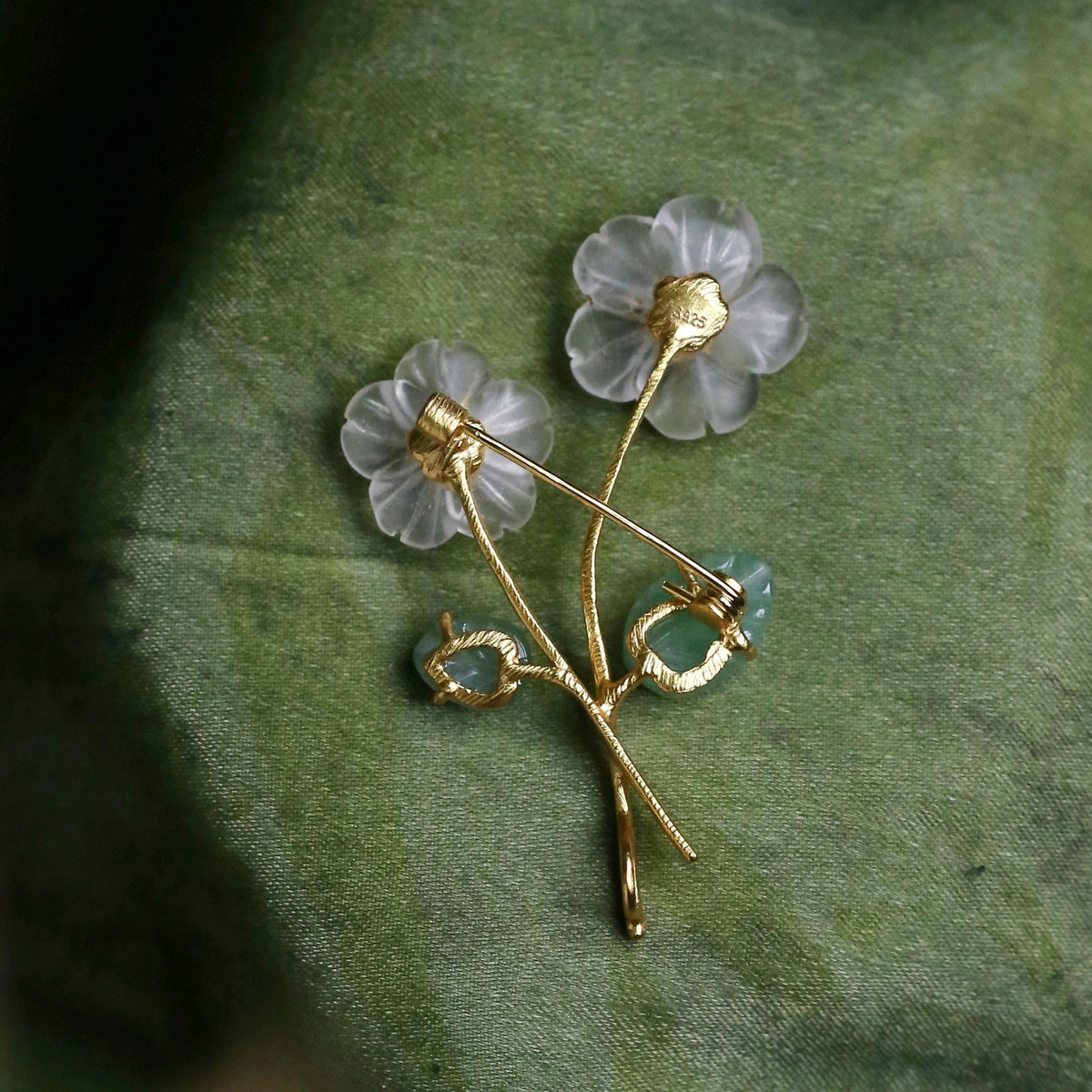 Morado Twin Flower Clear Quartz Brooch, Gold Vermeil Sterling Silver Pin, Handmade Crystal Jewelry