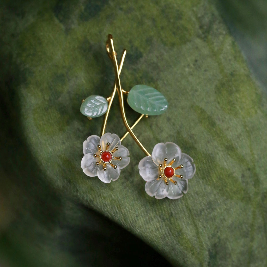 Morado Twin Flower Clear Quartz Brooch, Gold Vermeil Sterling Silver Pin, Handmade Crystal Jewelry