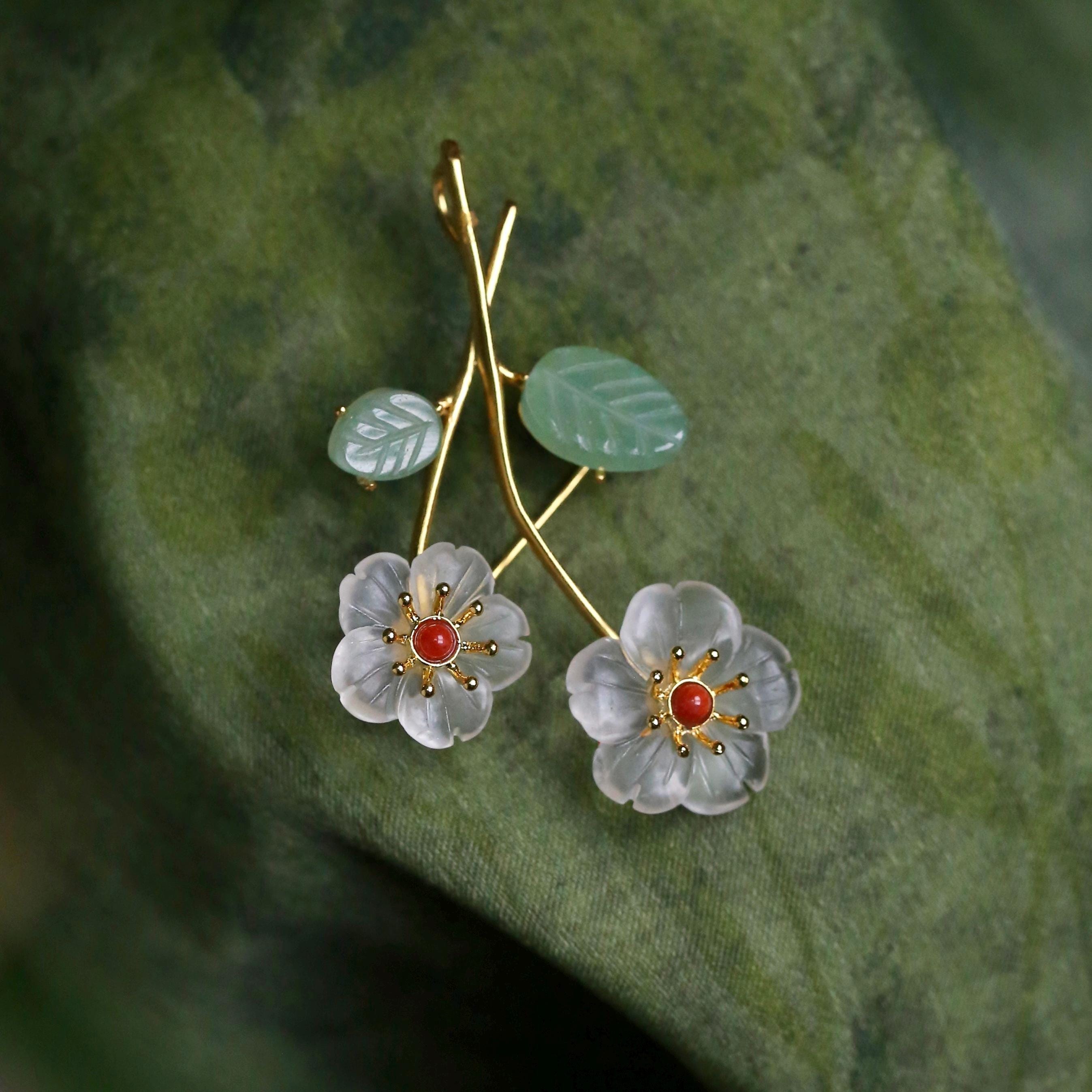 Morado Twin Flower Clear Quartz Brooch, Gold Vermeil Sterling Silver Pin, Handmade Crystal Jewelry