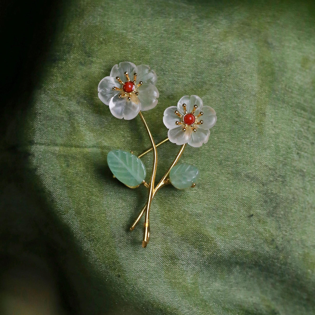 Morado Twin Flower Clear Quartz Brooch, Gold Vermeil Sterling Silver Pin, Handmade Crystal Jewelry