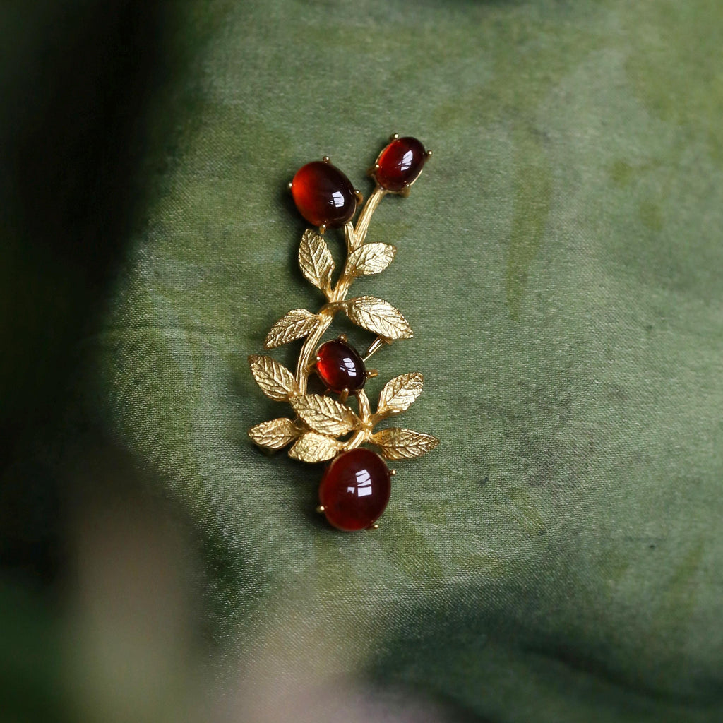 Morado Hand-Carved Garnet Brooch, Gold-Plated Sterling Silver Branch Pin, Multi-wear design