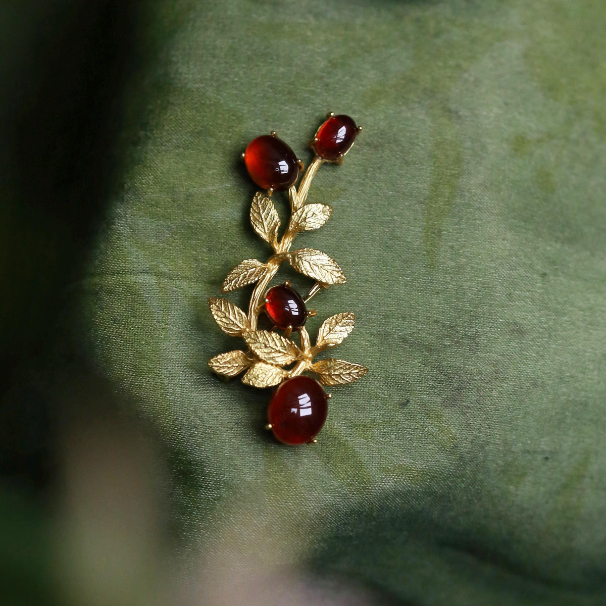 Morado Hand-Carved Garnet Brooch, Gold-Plated Sterling Silver Branch Pin, Multi-wear design