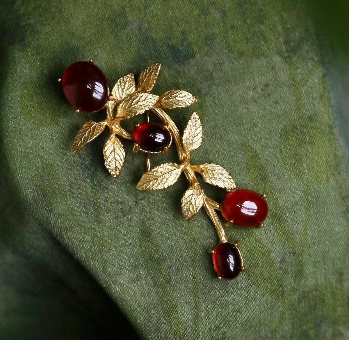 Morado Hand-Carved Garnet Brooch, Gold-Plated Sterling Silver Branch Pin, Multi-wear design