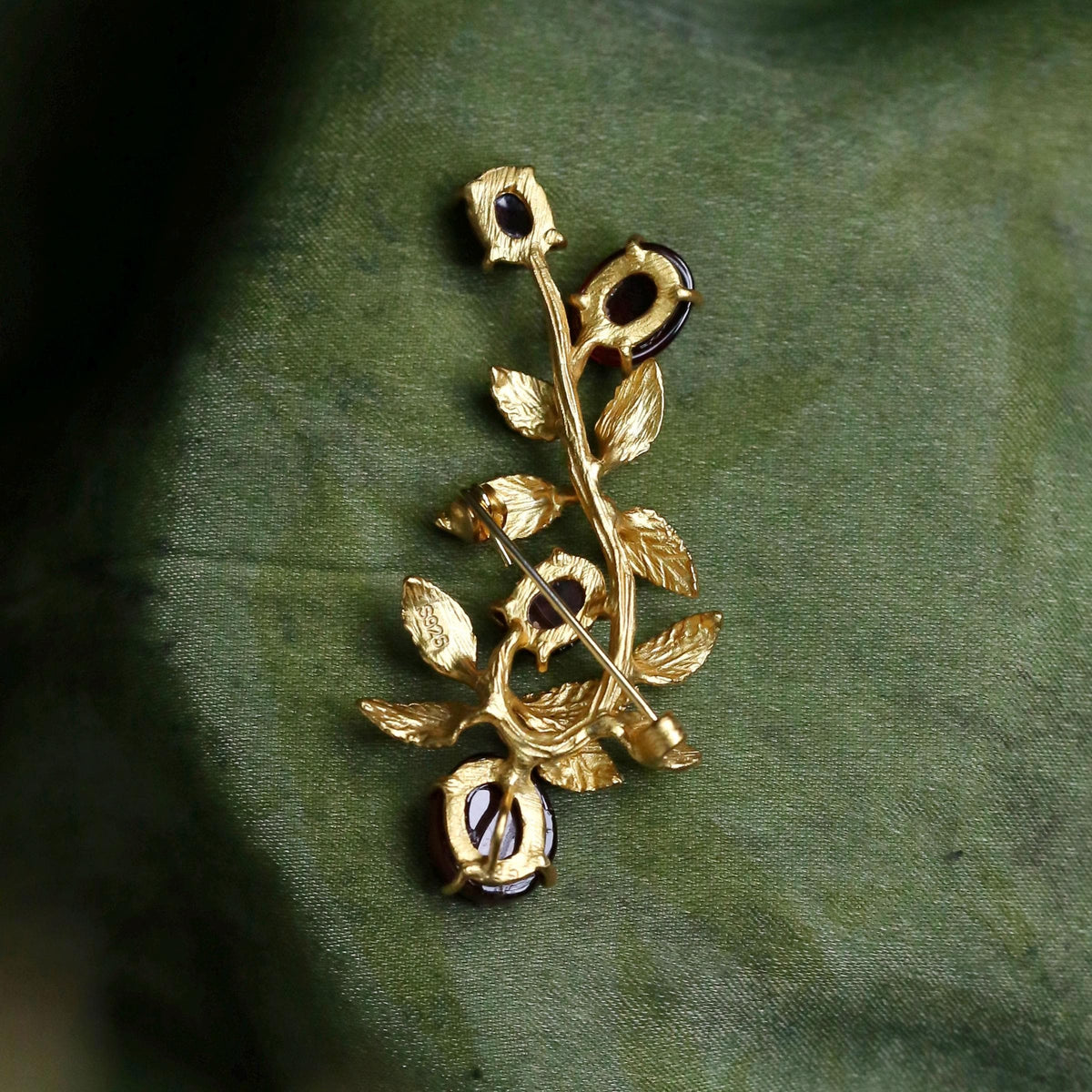 Morado Hand-Carved Garnet Brooch, Gold-Plated Sterling Silver Branch Pin, Multi-wear design