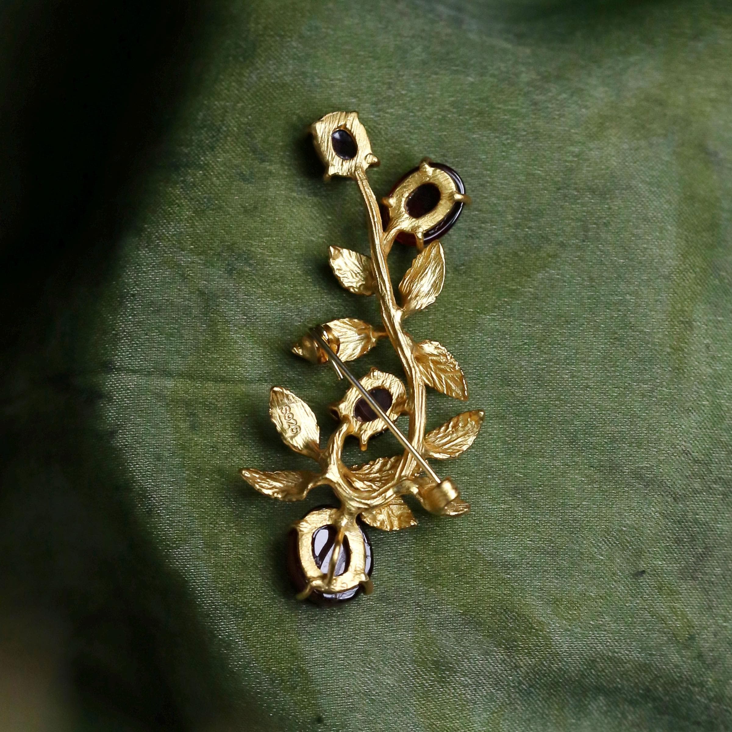 Morado Hand-Carved Garnet Brooch, Gold-Plated Sterling Silver Branch Pin, Multi-wear design