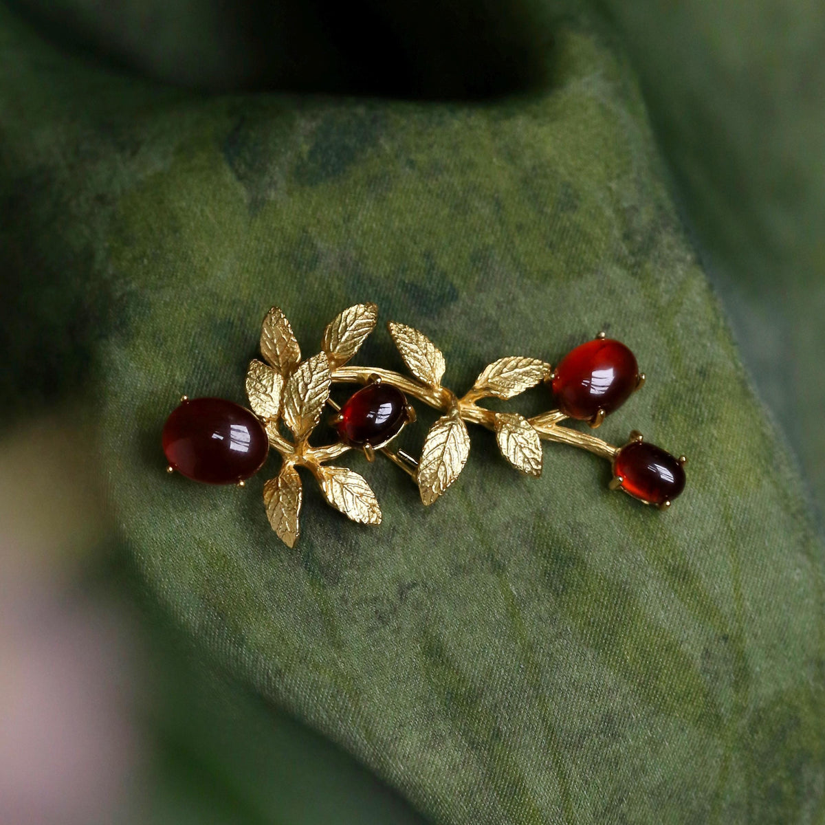 Morado Hand-Carved Garnet Brooch, Gold-Plated Sterling Silver Branch Pin, Multi-wear design