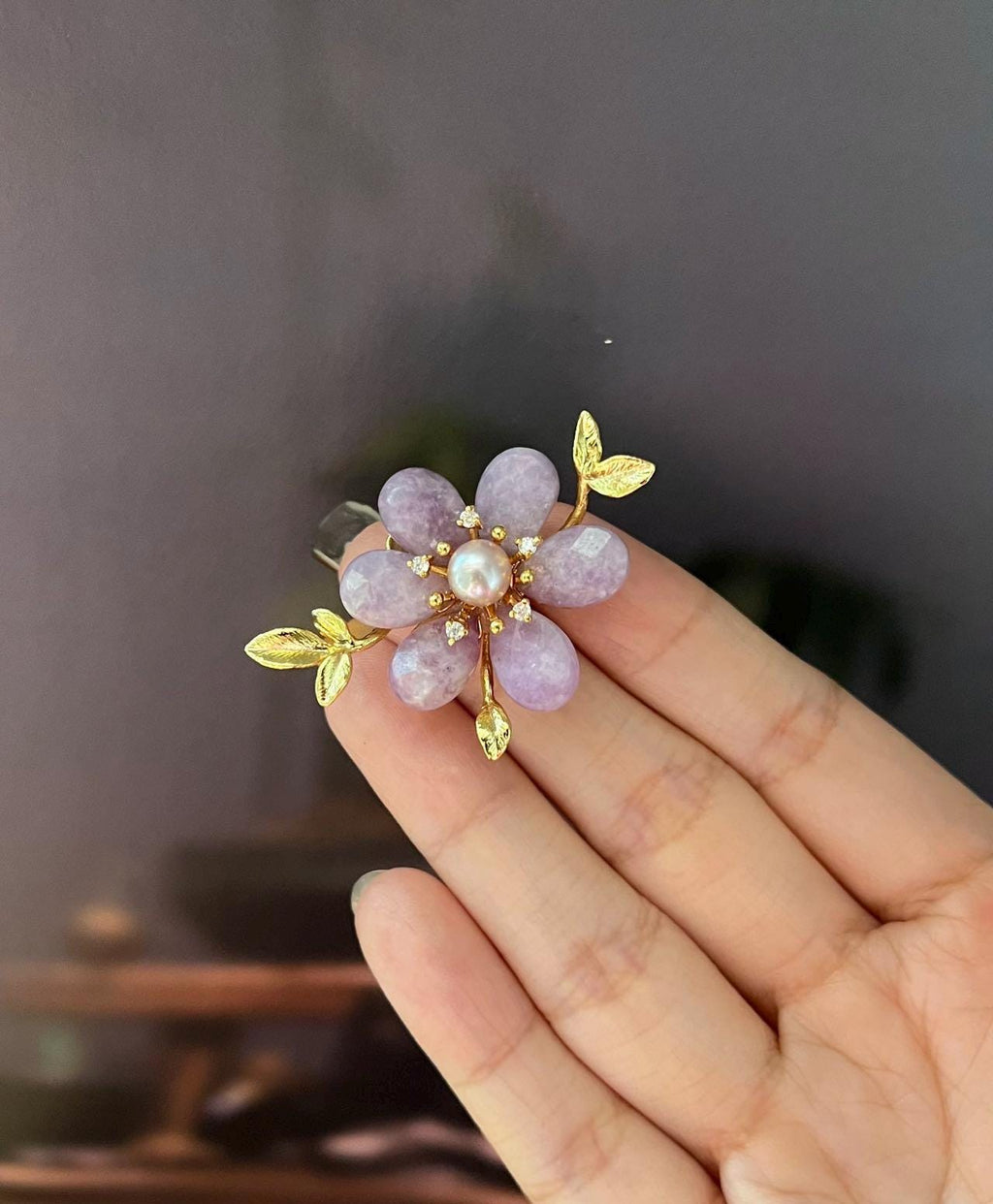 Morado Lavender Crystal Flower Copper Brooch, Freshwater Pearl Gold Plated Pin, Dainty Floral Brooch