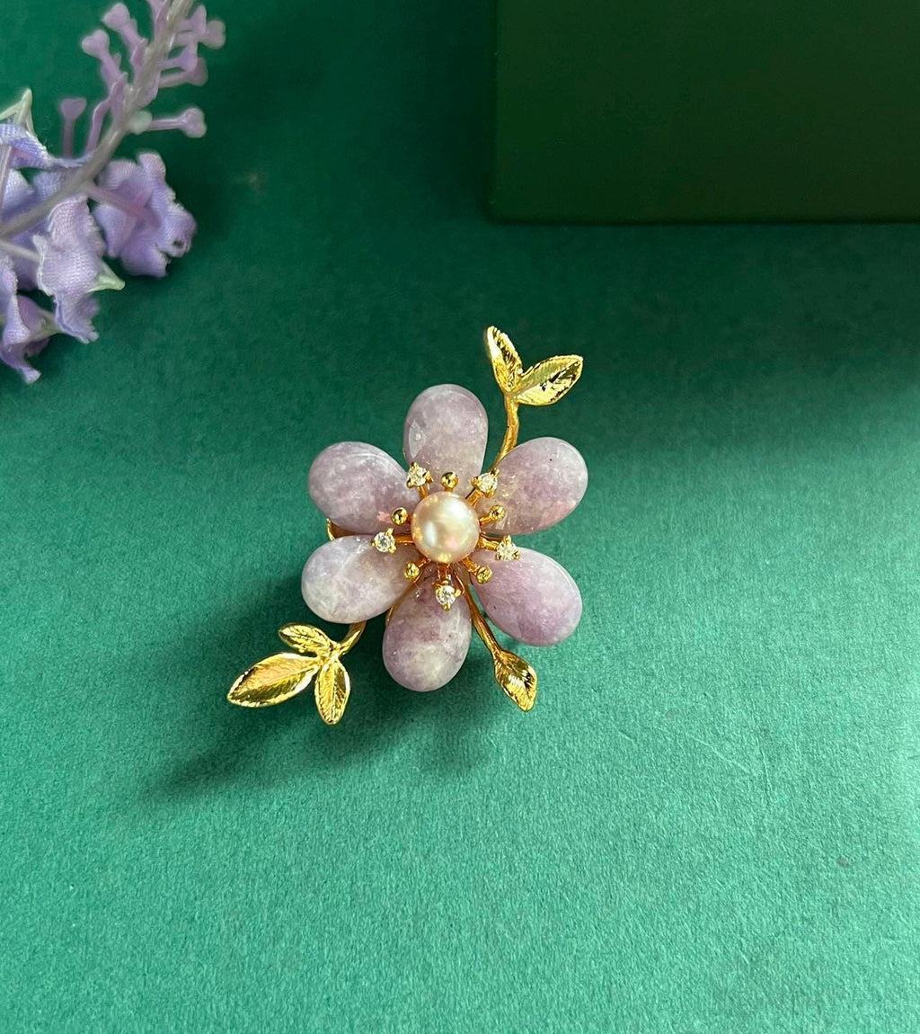Morado Lavender Crystal Flower Copper Brooch, Freshwater Pearl Gold Plated Pin, Dainty Floral Brooch