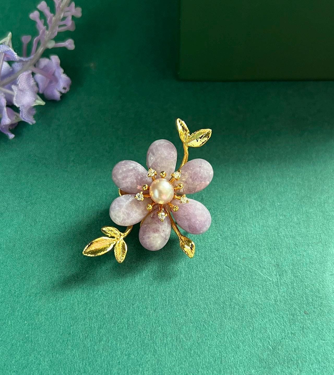 Morado Lavender Crystal Flower Copper Brooch, Freshwater Pearl Gold Plated Pin, Dainty Floral Brooch